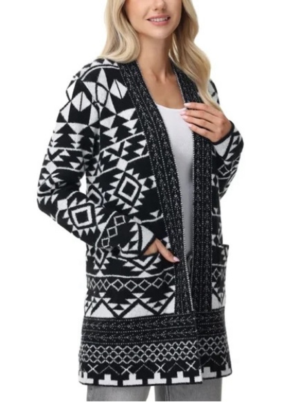 FRYE Open. Cardigan Sweater, Black/White, Size Small
